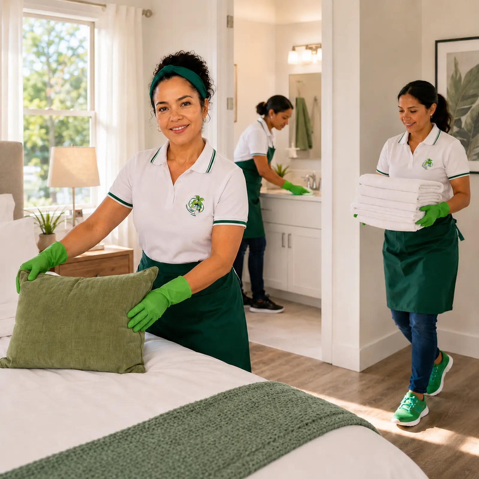 Cleaner arranging pillows on a made bed while a teammate carries fresh towels for the next guest.