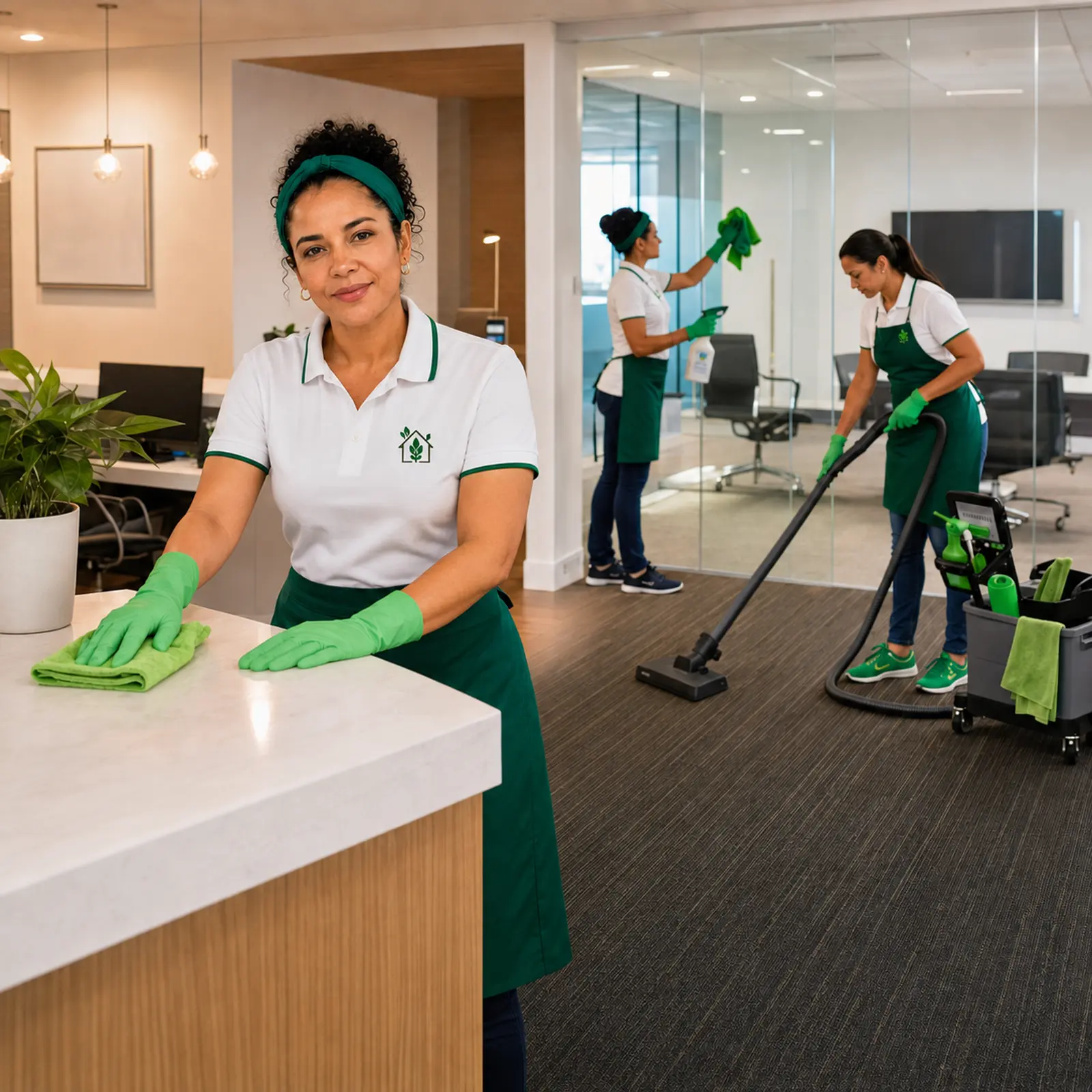 Cleaning team wiping an office reception counter and vacuuming carpet in a glass-walled office.