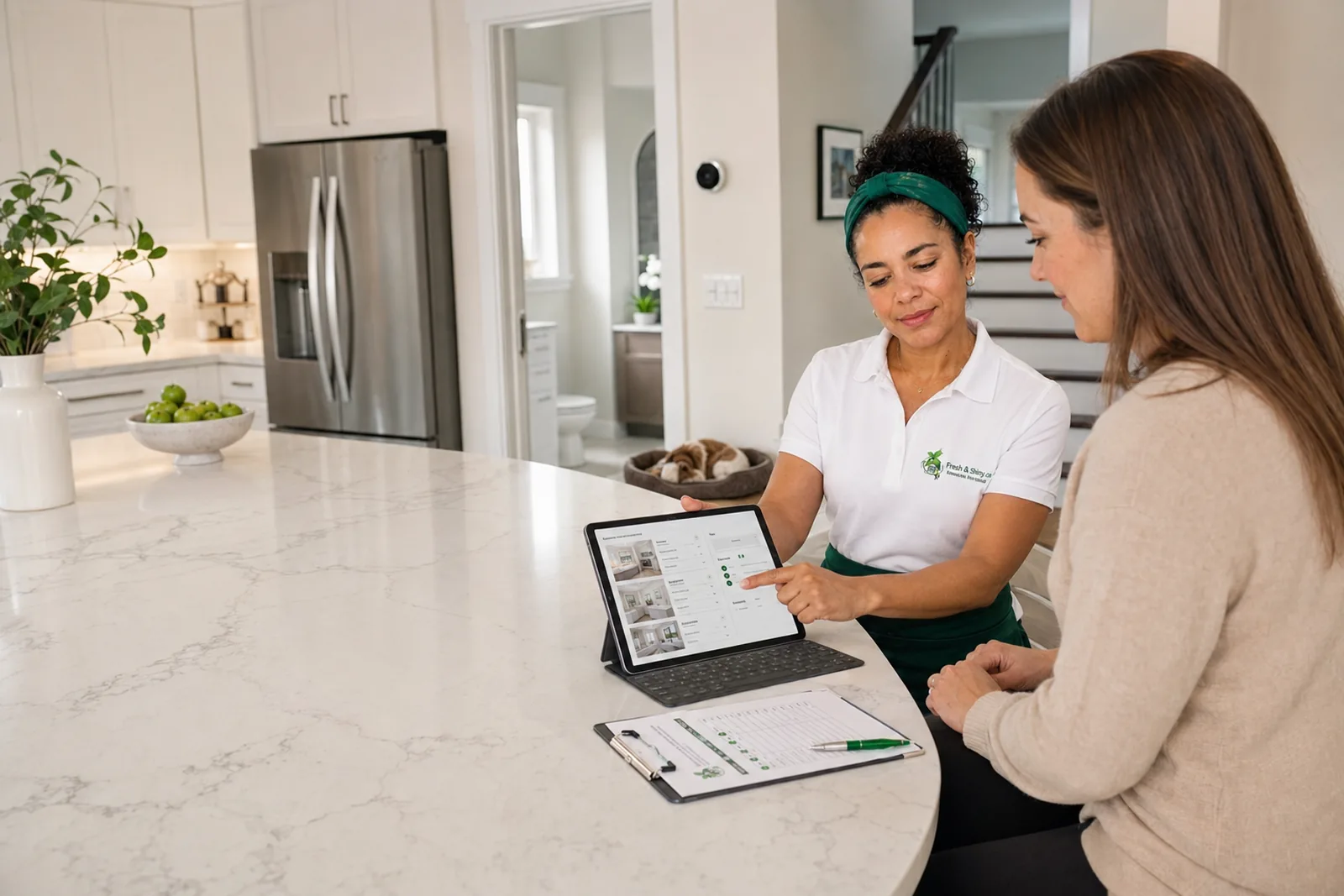 Fresh & Shiny reviewing a personalized house cleaning quote with a homeowner in Durham Region